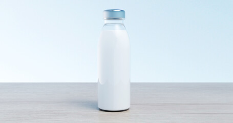 Single Milk Bottle Standing on Wooden Surface with Soft Light