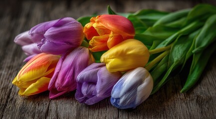 Colorful tulip bouquet on weathered wood