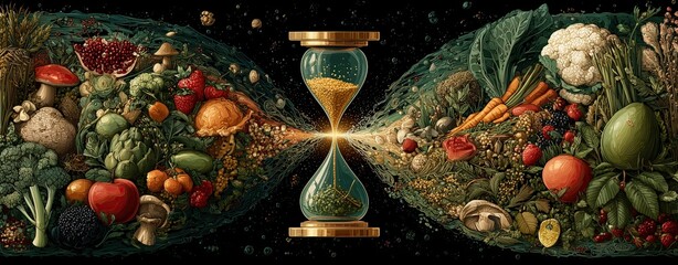 Concept of a creative vitamin ampoule glowing at the bottom of a tall hourglass filled with descending fruits and vegetables