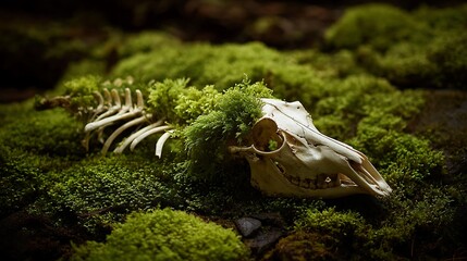 Animal skeleton resting among lush green moss in a forest setting