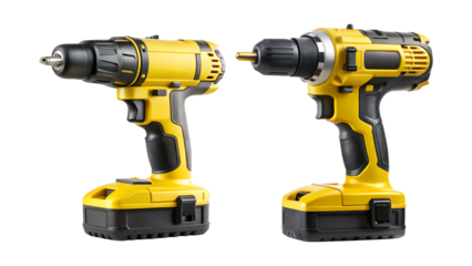 Two yellow cordless drills isolated on transparent background, showcasing their design and functionality for various construction and repair tasks