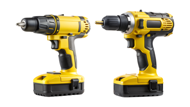 Two yellow cordless drills isolated on transparent background, showcasing their design and functionality for various construction and repair tasks