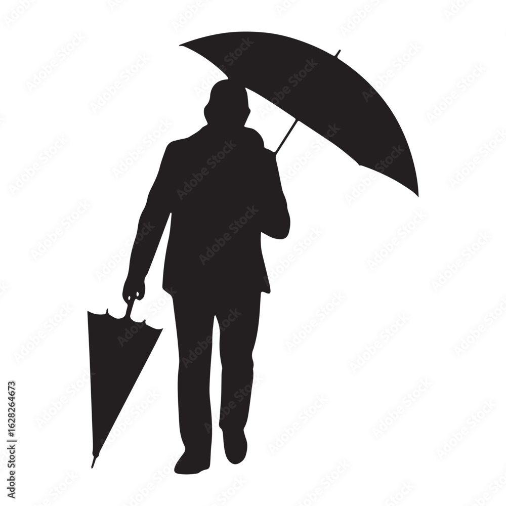 Poster silhouette of a man walking with umbrellas on a transparent background for creative projects and des