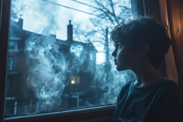 Young boy gazing out window at street.