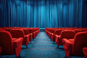 Obraz premium Empty movie theatre auditorium with red seats and blue velvet curtains