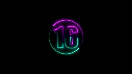 Glowing neon number sixteen in circle on black background modern digit design