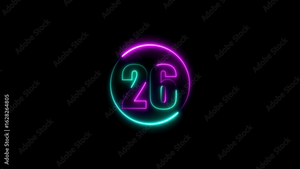 Aufkleber glowing neon sign displaying the number twenty six inside a circular frame on black background