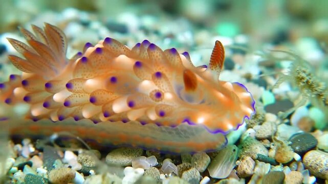Translucent orange nudibranch with purple-tipped cerata on sandy seabed. Underwater macro photography.