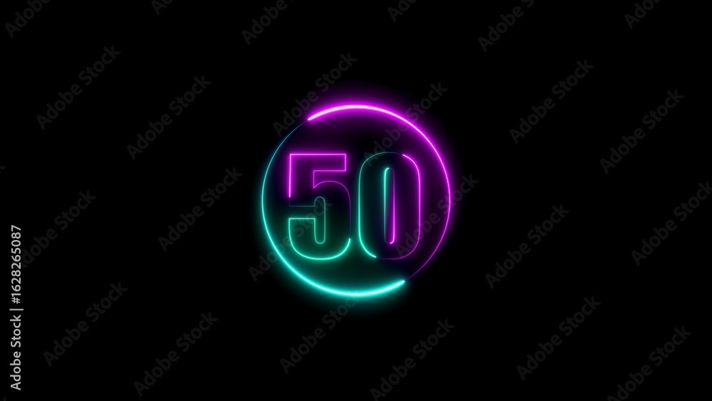 Poster neon style number fifty inside a circle glowing with colorful light on black background