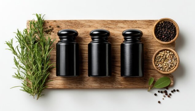 Three black spice jars on a wooden board, surrounded by herbs and spices