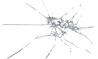 Close up of a shattered glass surface with sharp cracks radiating outwards isolated on transparent...