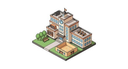 Isometric illustration of a school building with clock tower and courtyard on a white background