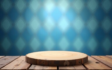 an empty wooden rustic platform for product advertising with blue diamond patten background for the oktoberfest munich. High quality