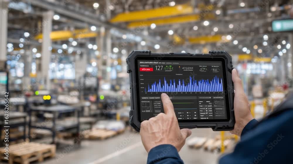 Poster a worker adjusts settings on a rugged tablet displaying iot network status with interactive graphs a