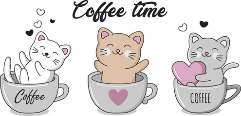 Set of Cartoon Cat Characters in Coffee Cup. Vector Illustration on White Isolated Background.