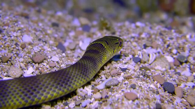 Banded sea krait slithering on sandy seabed. Yellow and purple snake in underwater scene. Close-up of marine serpent in ocean.
