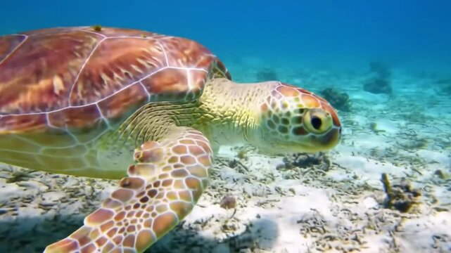 Colorful sea turtle gliding through ocean. Reddish-brown shell turtle in underwater scene. Sunlit seabed with serene marine life.