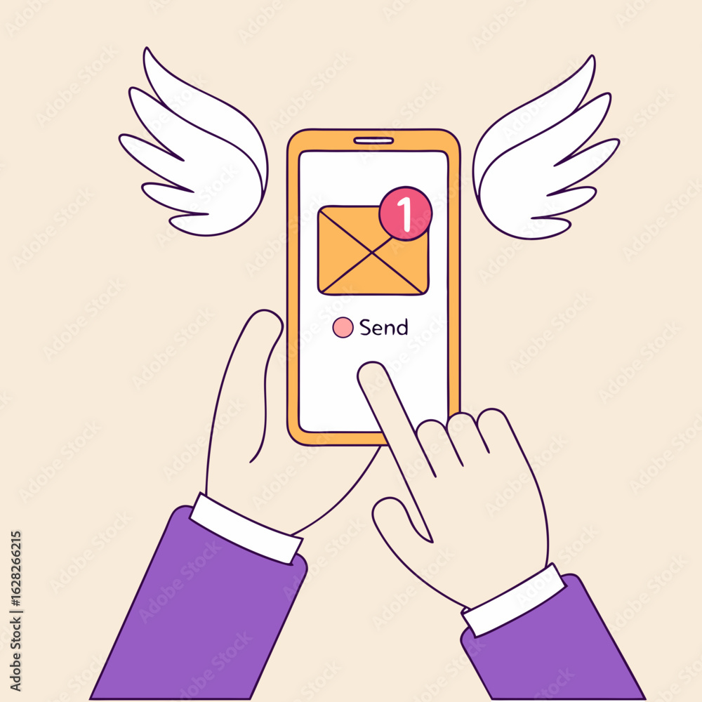 Poster vector art of hands sending an email message with wings from a mobile phone representing fast digita