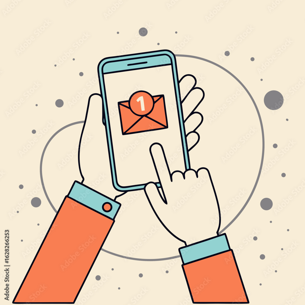 Poster vector art of hand holding a smartphone with a new email notification displayed on the screen in a f