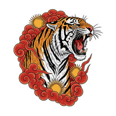 Obraz premium Roaring tiger head, Asian-inspired art, surrounded by stylized clouds and suns.