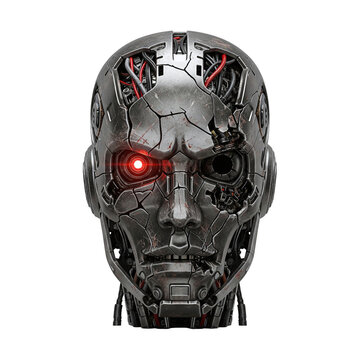 Damaged killer robot head with one red eye