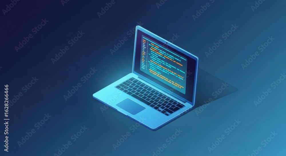 Aufkleber isometric laptop displaying software coding, symbolising digital technology