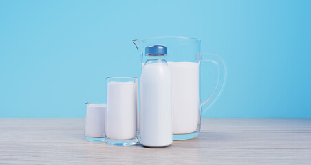 Glass Pitcher and Milk Glasses on Wooden Table