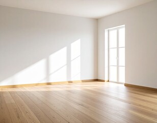 Empty room with sunlight streaming through a large window, highlighting wooden floor and white walls.
