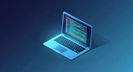 Isometric laptop displaying software coding, symbolising digital technology