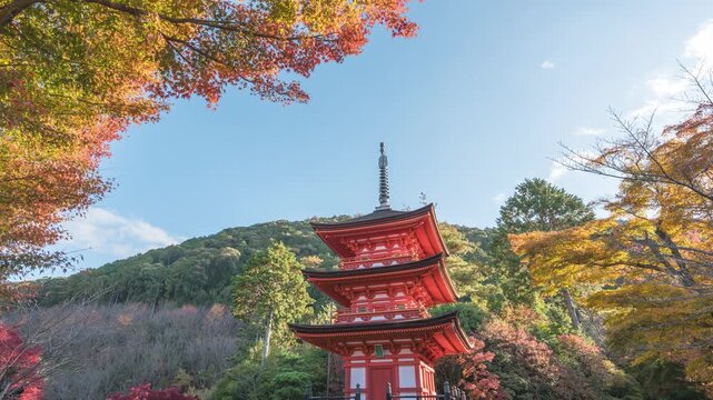 Kyoto Japan time lapse at Koyasunoto Pagoda Kiyomizu dera temple in autumn season