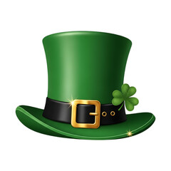 Green leprechaun hat with gold buckle and shamrock, isolated on transparent background