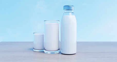 Milk Bottle and Glasses Arranged on Light Blue Background