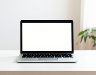 Laptop computer with a blank white screen sits on a white desk, with a plant in the background.
