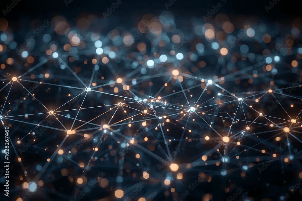 Poster abstract network of glowing blue and orange nodes connected by lines with bokeh background