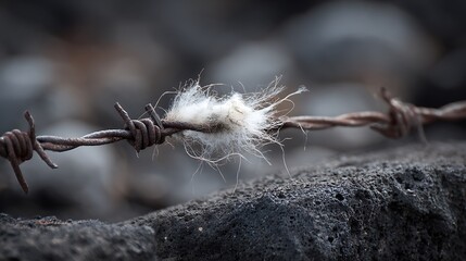 Frozen thistle bloom caught on barbed wire in winter s grip