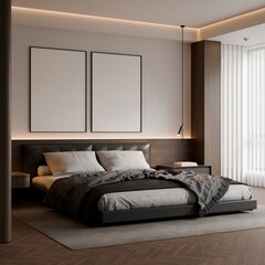 Frame poster mockup in a modern bedroom interior. 3D rendering, 3D illustration.
