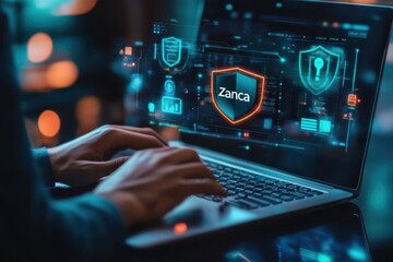 Cybersecurity professional working on laptop with digital security shields isolated on transparent background