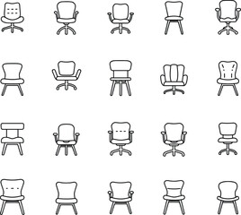 Comprehensive Collection of Chair Outlines: A Diverse Set of Line Art Icons Representing Various Seating Types, Including Office, Dining, and Accent Chairs for Design Projects.