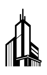 Stylish monochrome illustration of a modern high-rise building with sharp angles and geometric design.