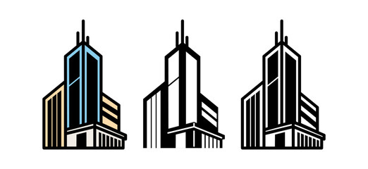 Fototapeta premium Stylized illustrations of modern skyscrapers in various color schemes showcasing architectural designs.