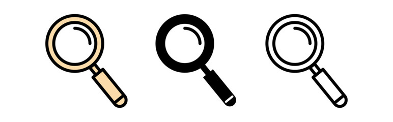 Set of three magnifying glass icons in various colors, symbolizing search and analysis.