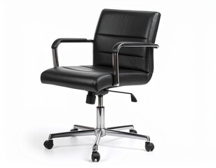 Fototapeta premium An isolated, modern office chair with black leather upholstery and chrome detailing.