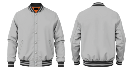 Grey baseball bomber varsity jacket in front and back view, mockup isolated on transparent background