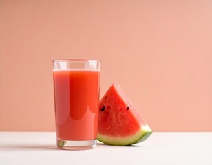 A glass of vibrant watermelon juice next to a sliced watermelon wedge against a peach background.