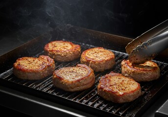 Grilled pork medallions with grill marks and seasoning on a hot grill surface