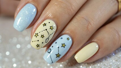 Close Up of Gemini Zodiac Nail Art in Yellow and Blue Contrast Colors Ideal for Horoscope Style