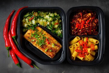 Prepared meal portions in black containers