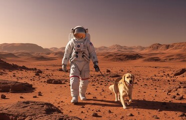 Surreal image of red planet with astronaut walking alongside dog in space gear, the environment vast and quiet, radiating warmth and wonder