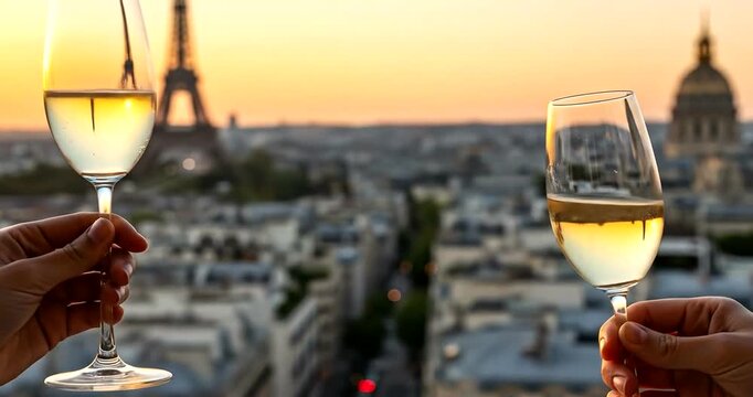 Couple toasting with champagne glasses overlooking paris skyline at sunset