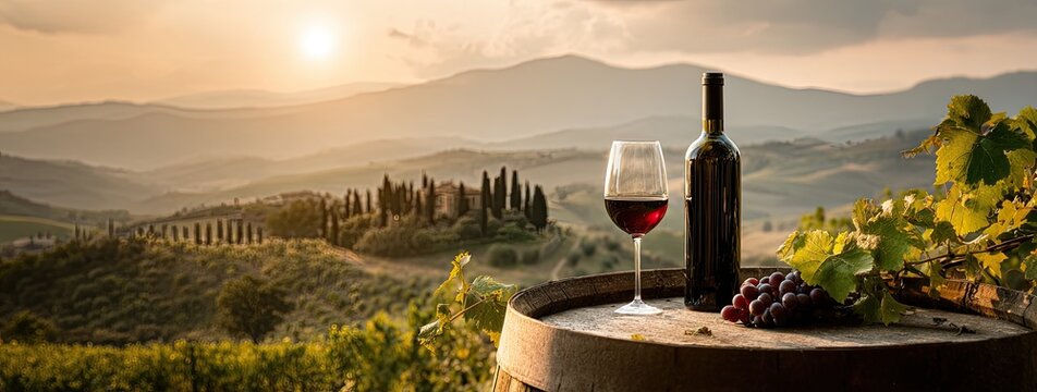 Scenic Italian vineyard at sunset with wine